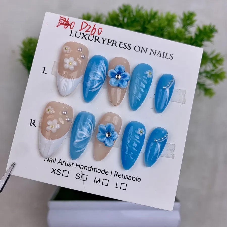 Handmade Detachable Shell Sculpture Cat Eye Almond Nails Ice Transparent Floral Design Wearable False Nails For Women