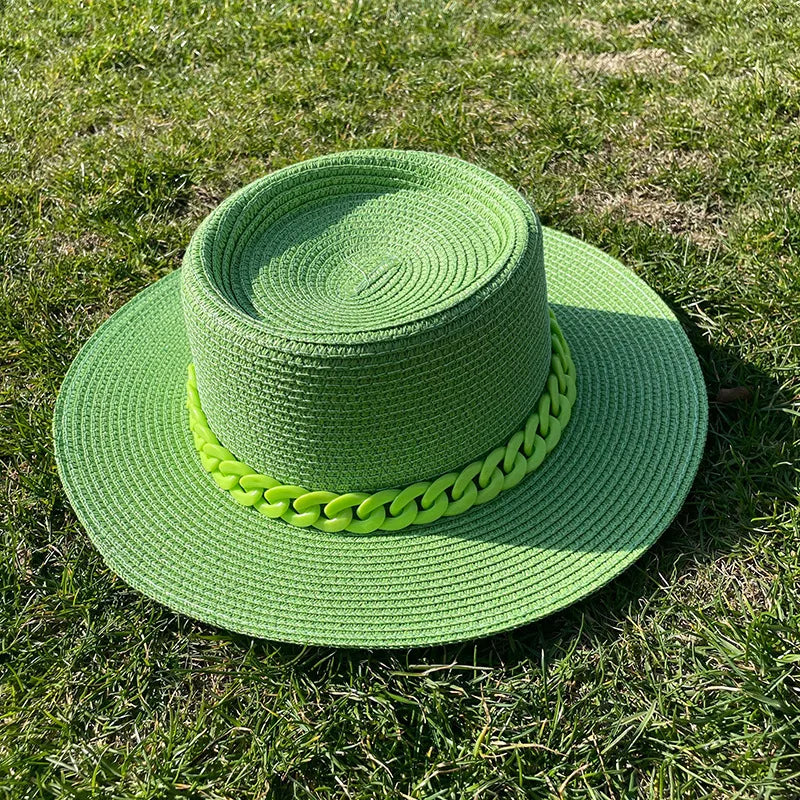 women's simple style solid color chain flat eaves sun hat