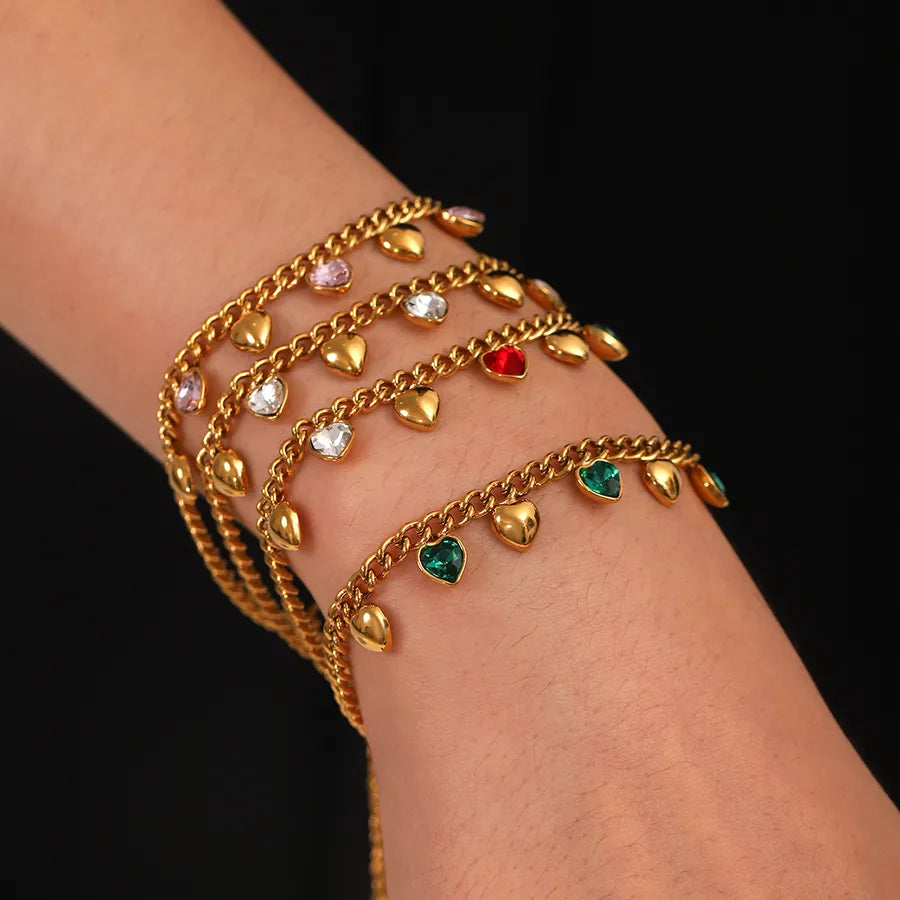 Cute Luxurious Romantic Heart Shape 304 Stainless Steel 18K Gold Plated Zircon cable chain Bracelets In Bulk