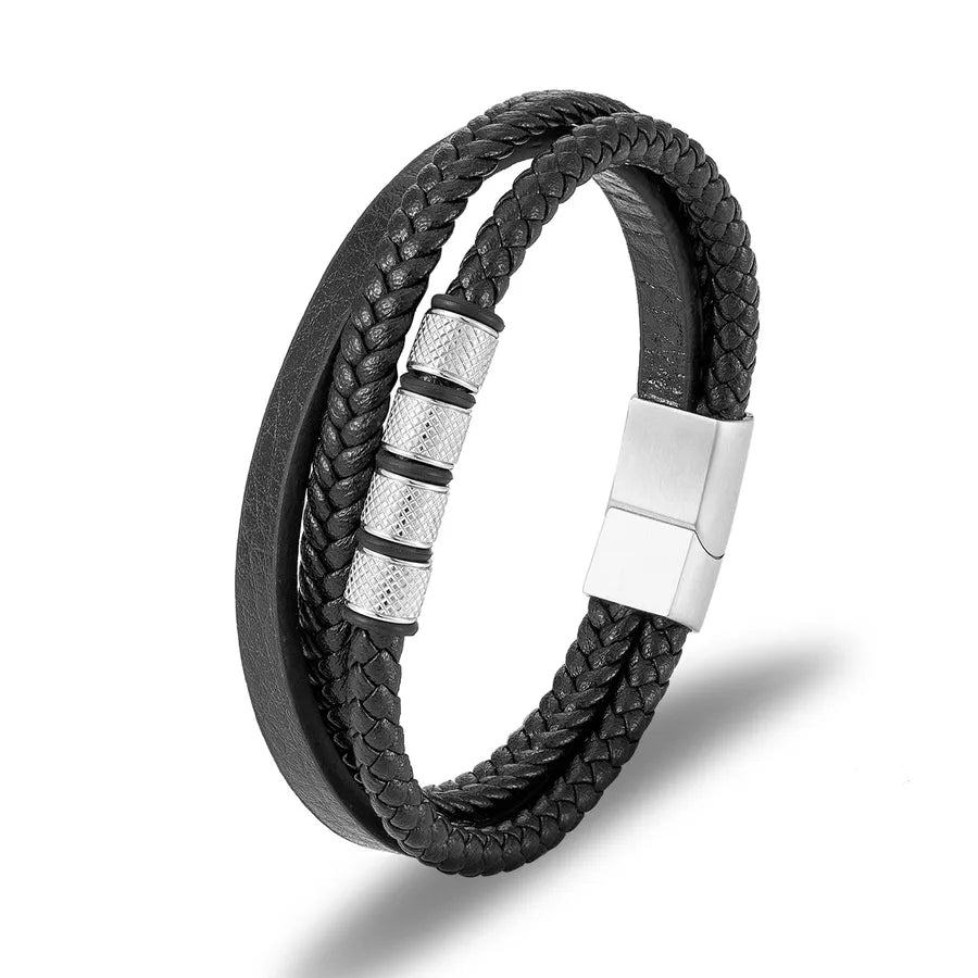 Simple Style Solid Color 316 Stainless Steel  Pu Leather Plating Men's Bangle Men Cord & Leather Bracelets