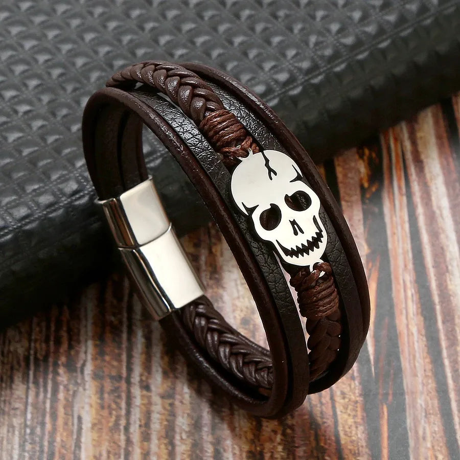 Punk Skull 304 Stainless Steel Pu Leather Braid Halloween Men'S Bracelets