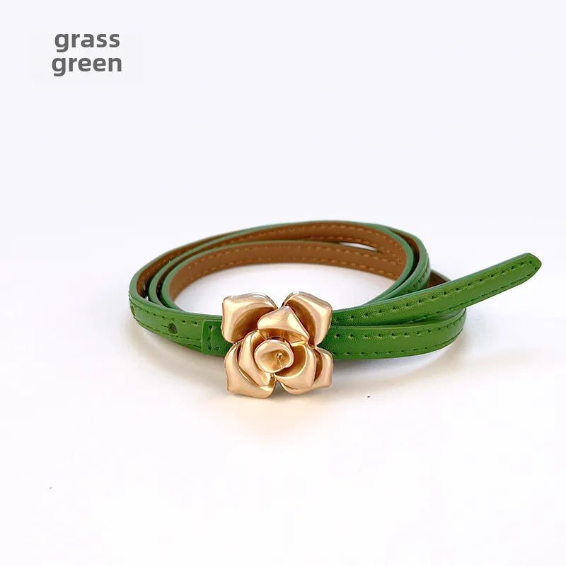 New Genuine Leather Women's Thin Belt Women's Flower Waist Slim Cowhide Women's Belt with Sweater Dress