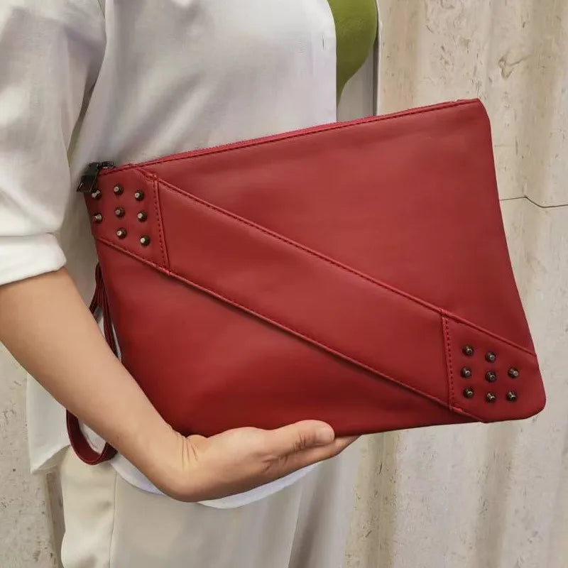 Men's Pu Leather Solid Color Basic Zipper Envelope Bag Clutch Bag