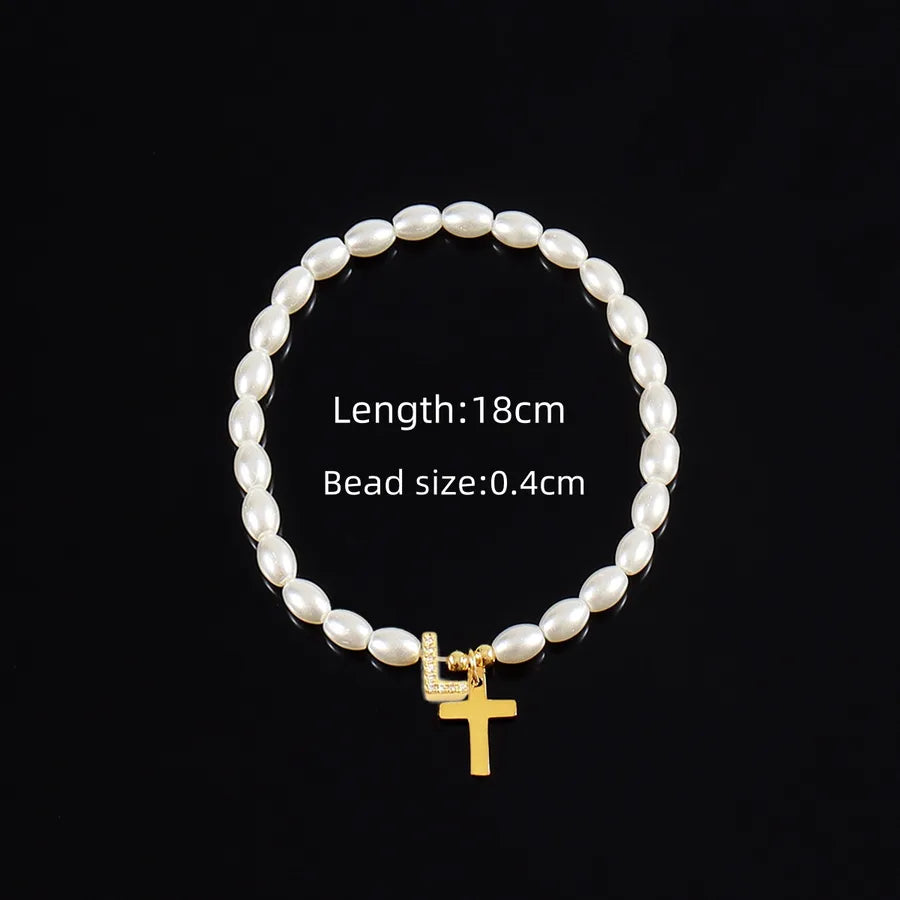 Simple Style Cross Letter 304 Stainless Steel Artificial Pearl Copper Beaded Chain Bracelets In Bulk