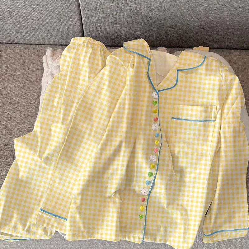 Sweet Heart Plaid Long Sleeve Sleepwear Set Women's Home Clothes Spring Autumn Season Polyester Milk Silk Thin Breathable Casual