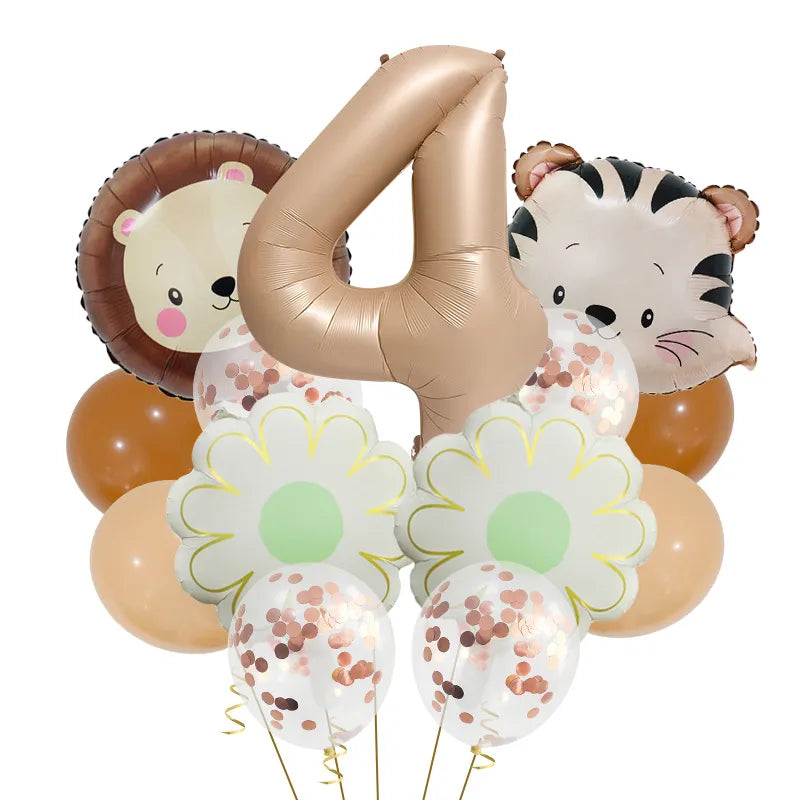 Retro Forest Tiger Lion Animal Balloon Set Caramel Digital Birthday Party Decoration Balloon Aluminum Foil Material