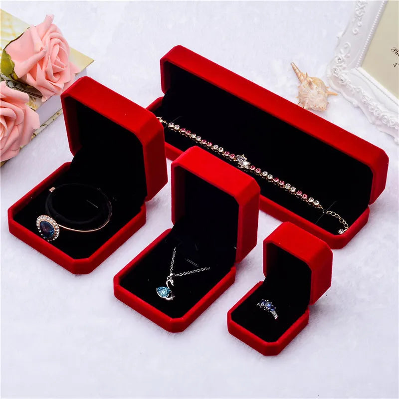 Retro Square Solid Color Plastic Flannel Jewelry Boxes