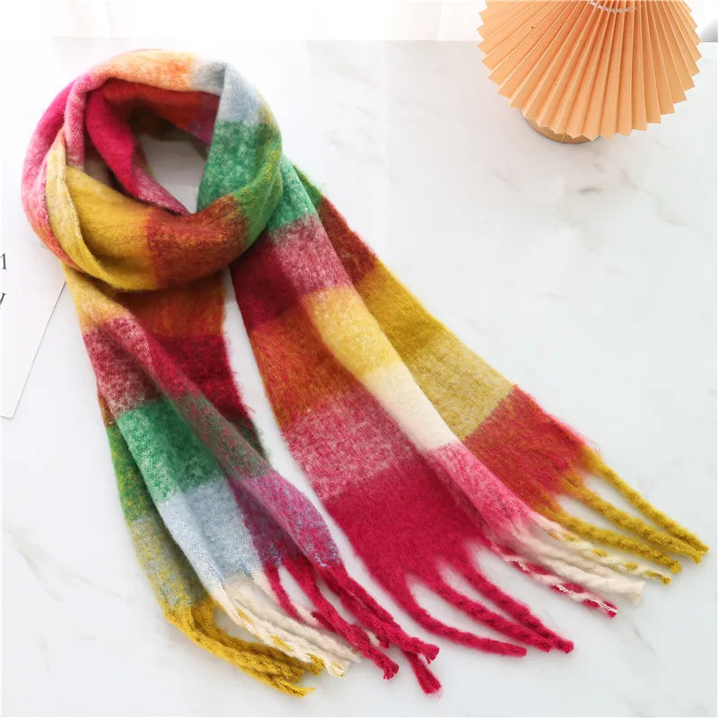 women's casual plaid imitation cashmere tassel scarf