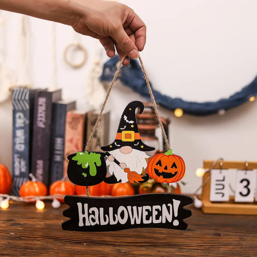 New Halloween Wooden Happy Face Pumpkin Door Plate Cartoon Gnome Door Hanging Home Party Decoration Props Halloween Themed