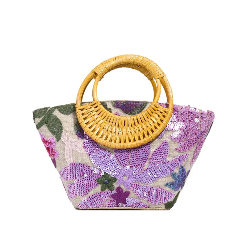 PVC Sequin Straw Bag High-end Niche Embroidered Bucket Bag Women's Bag Linen Bamboo Handbag Beach Bag