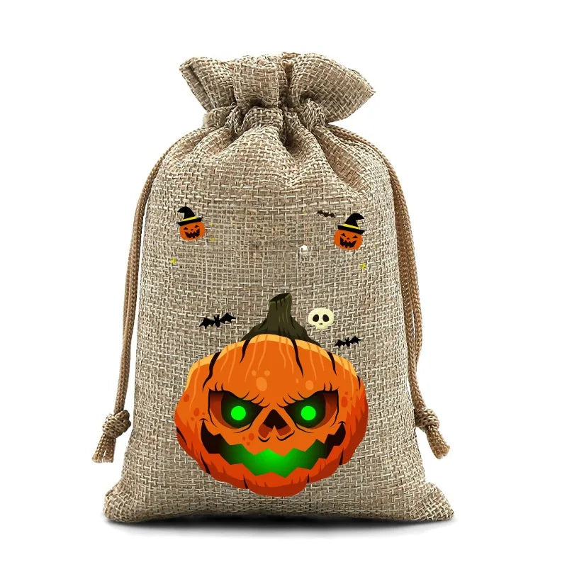 2025 New Halloween Linen Drawstring Gift Bag Pumpkin Shaped Sealed Mouth Bag Cartoon Style Heat Transfer Process Ladies Handbag