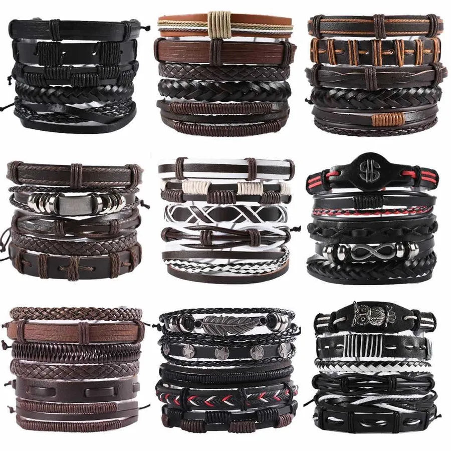 Retro Men's Bracelet 5 Pack Cross Woven Leather Adjustable Set Bracelet Bracelet Wholesale