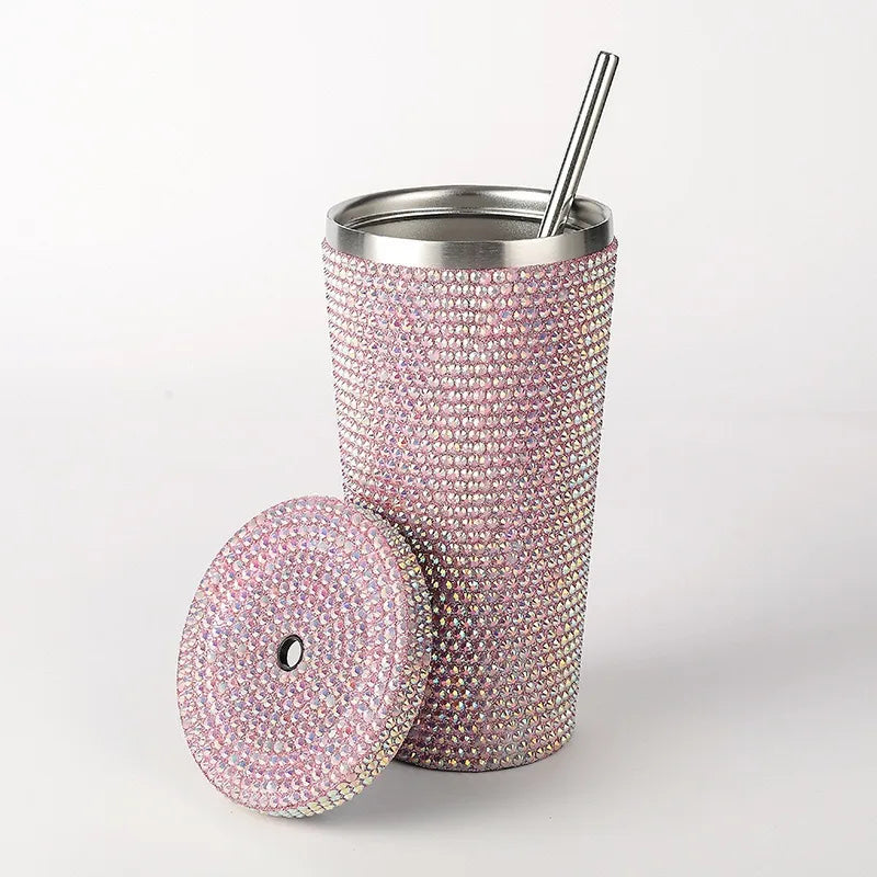 New Diamond-encrusted Insulated Water Cup Double-layer Diamond Tapered Straw Cup Beverage Cup Drinking Cup