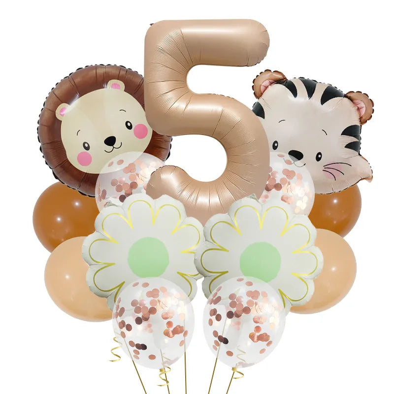 Retro Forest Tiger Lion Animal Balloon Set Caramel Digital Birthday Party Decoration Balloon Aluminum Foil Material