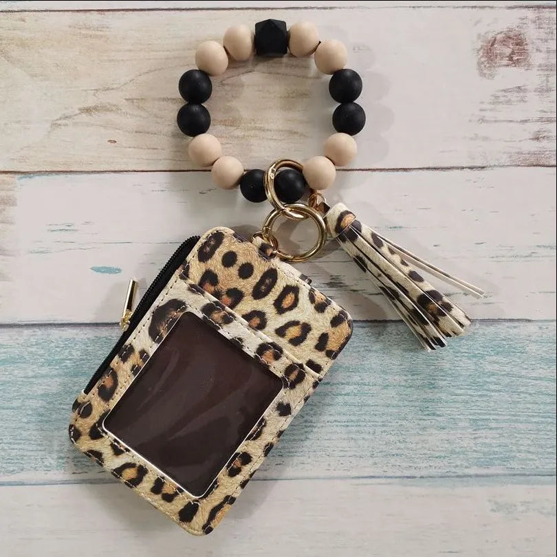 cute flower leopard leather women's keychain