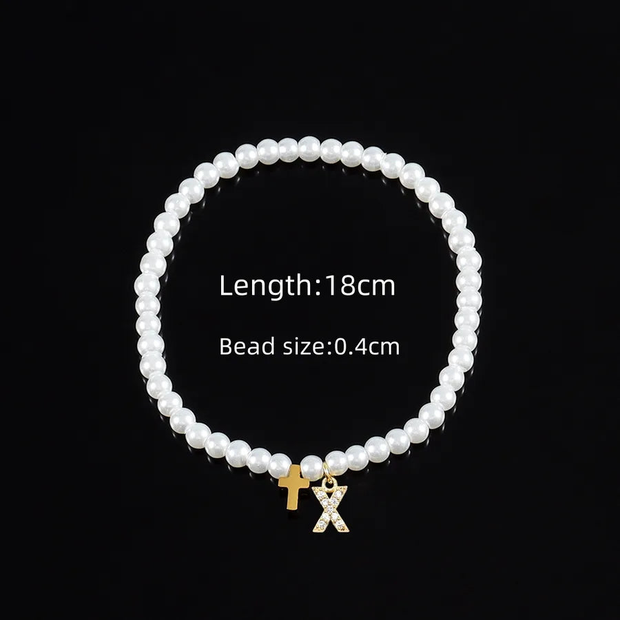 Elegant Vintage Style Classic Style Cross Letter 304 Stainless Steel Artificial Pearl Copper Beaded Chain Beaded Bracelets Wholesale