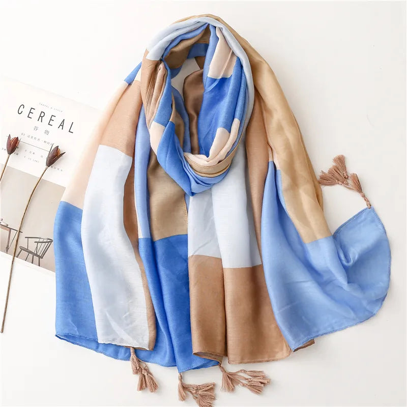 women's fashion color block polyester silk scarves