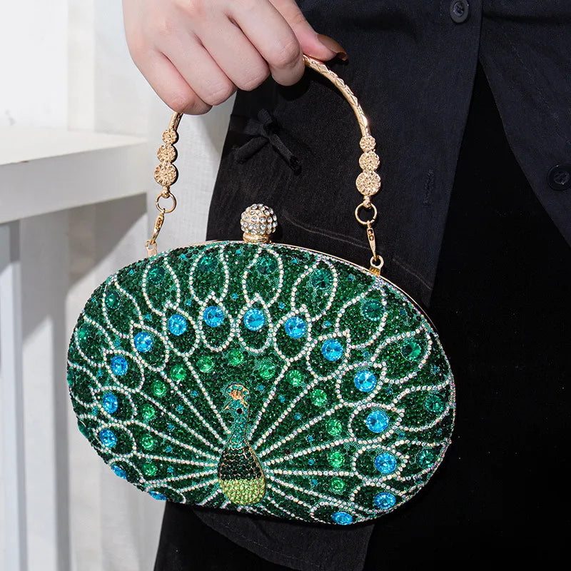 Rhinestone Metal Peacock Oval Evening Bags