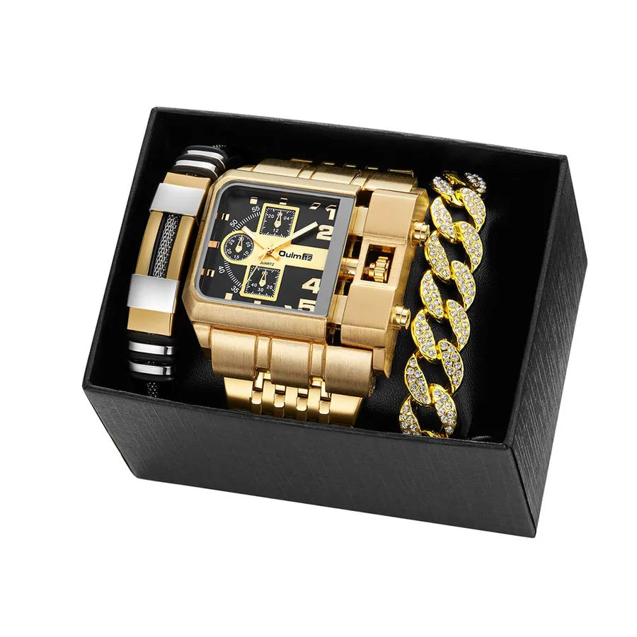 Business Color Block Folding Buckle Quartz Men's Watches Gift Set