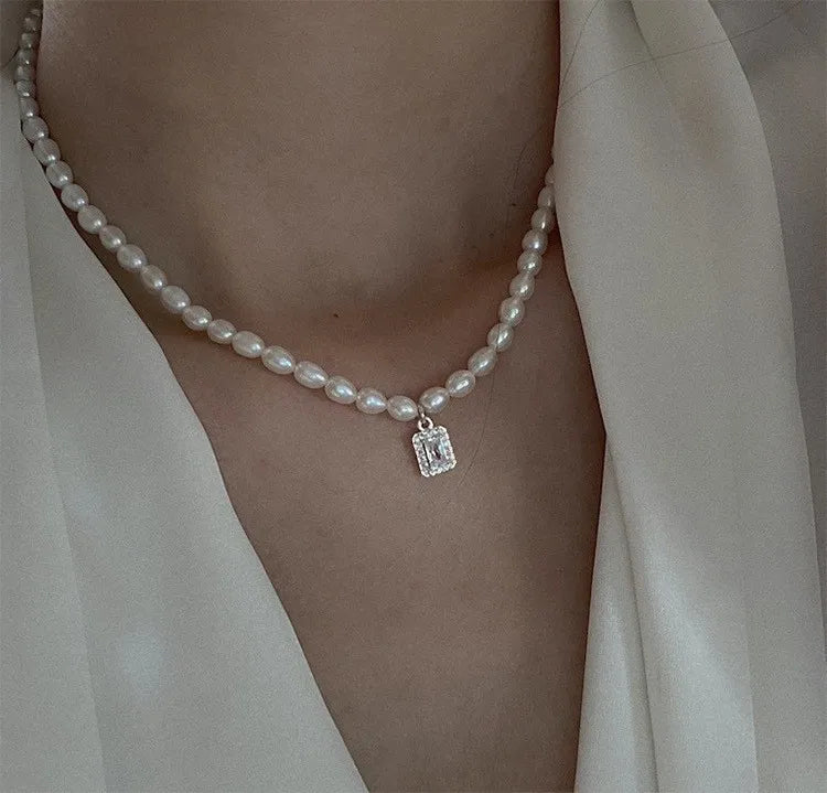 elegant square water droplets freshwater pearl metal inlay zircon necklace