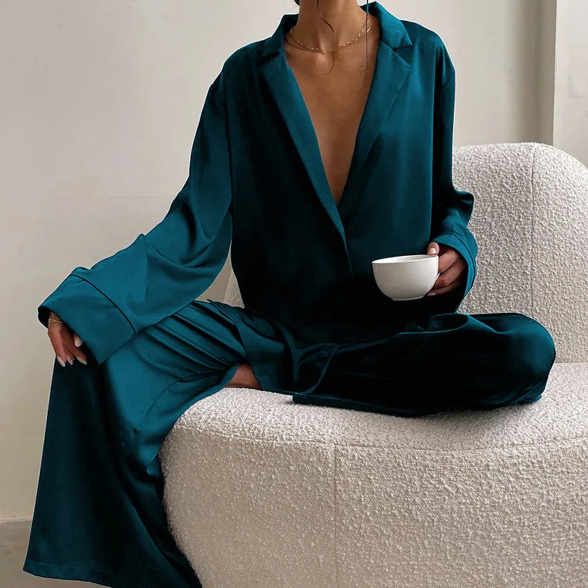 women's fashion solid color imitated silk polyester pants sets