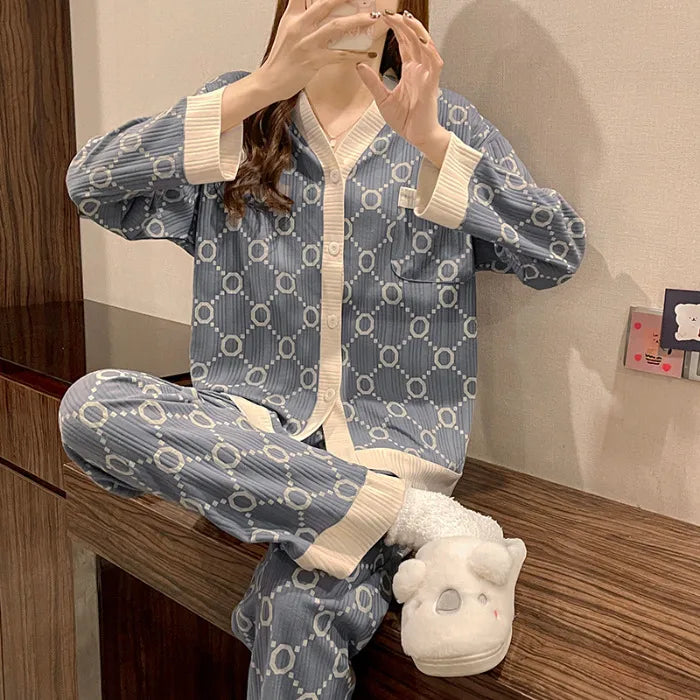 Spring Autumn Women's Long Sleeve Thin Casual Comfortable Home Clothes Set Polyester Milk Silk Medium Weight Sleepwear