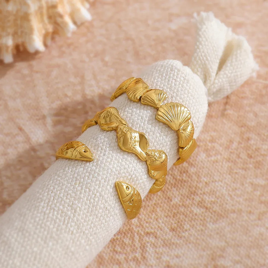 Wholesale Jewelry Marine Style Beach Commute Conch Shell Fish 304 Stainless Steel 18K Gold Plated Plating Open Rings