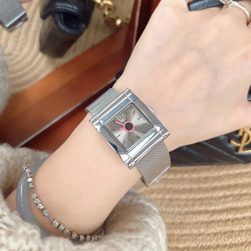 Fashionable Leopard Print Gold Tone Quartz Watch For Women Stylish Milisha Square Face Stainless Steel Band Trendy Accessory