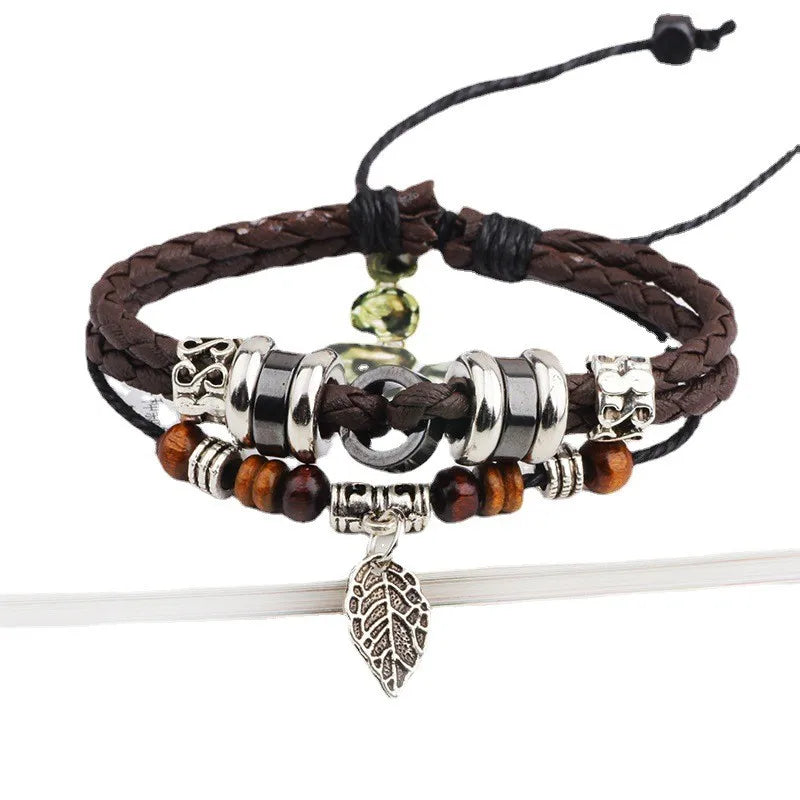 1 piece fashion leaf pu leather alloy patchwork men's bracelets