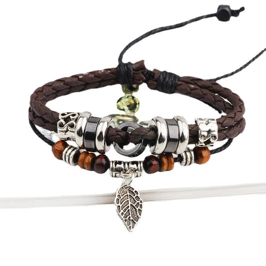 1 piece fashion leaf pu leather alloy patchwork men's bracelets
