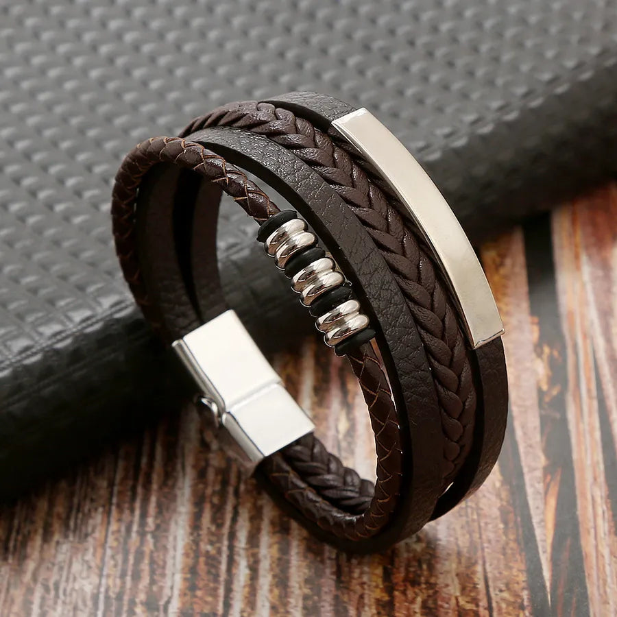elegant glam classical solid color pu leather alloy handmade men's bangle