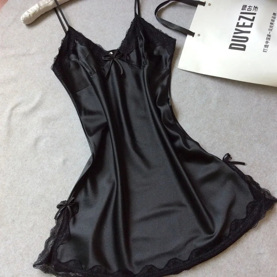 Summer silk-like Ladies sling nightgown sexy V-neck spinning satin pajamas home clothes wholesale agent