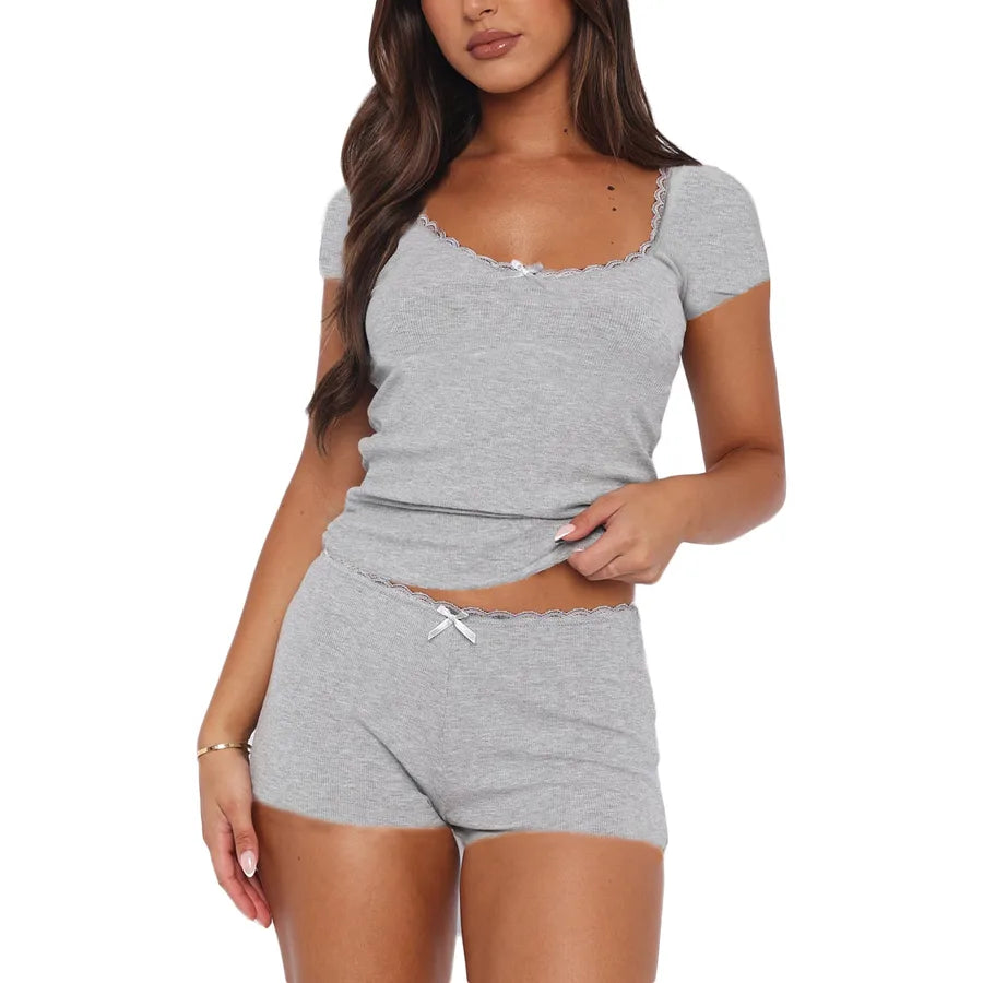 Holiday Daily Selfie Women's Casual Elegant Lady Solid Color Bow Knot Polyester Shorts Sets Pajama Sets