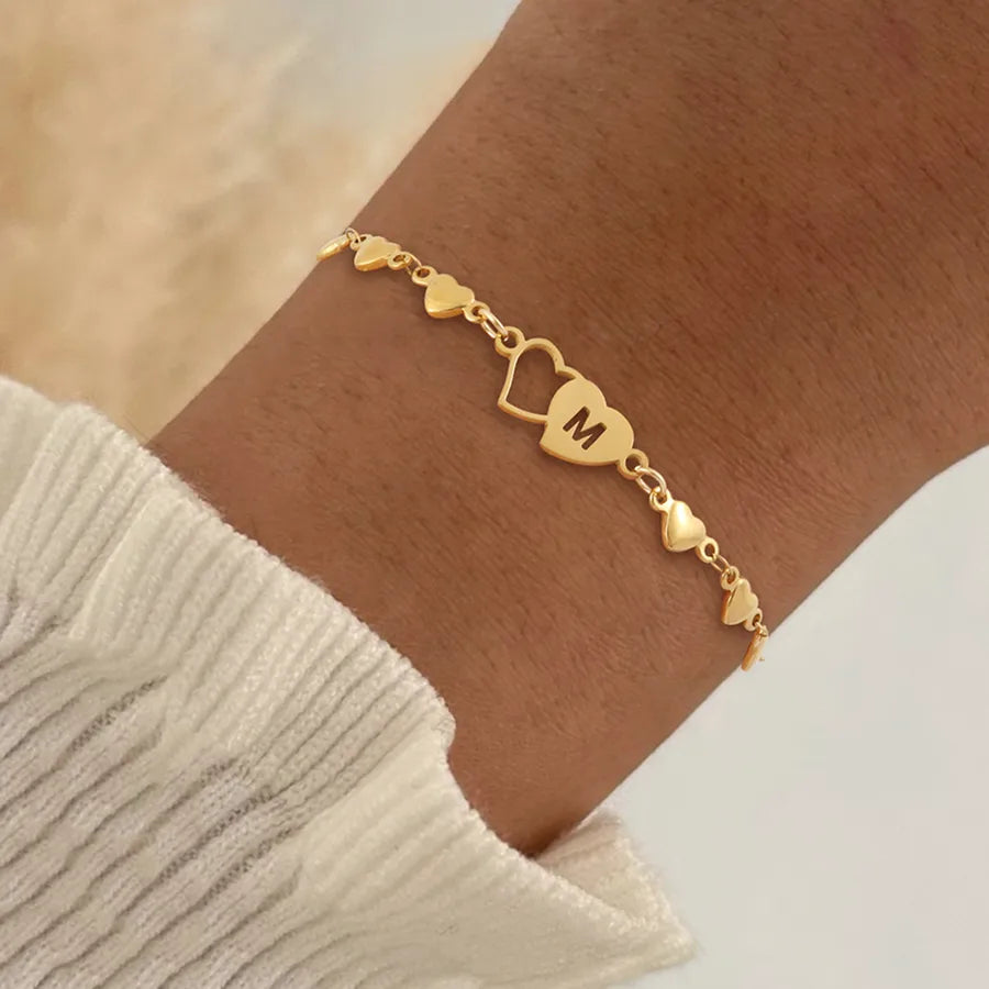 Simple Style Classic Style Double Heart Letter 201 Stainless Steel 304 Stainless Steel Heart-Shaped Chain Bracelets In Bulk