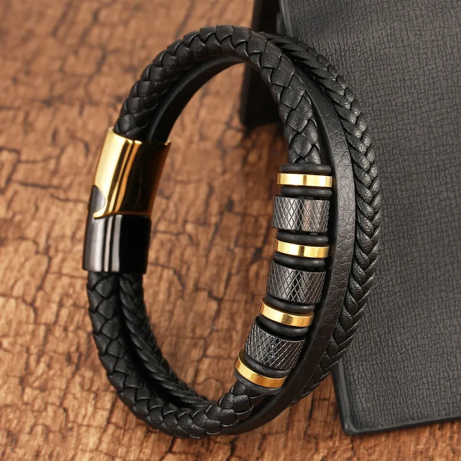 Retro Classic Style Geometric Pu Leather Titanium Steel Woven Chain Wrap Bracelets Wholesale