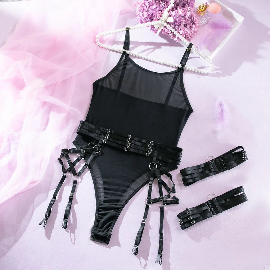 Olena    Lingerie hot selling mesh transparent sexy lace stitching sexy three-piece set