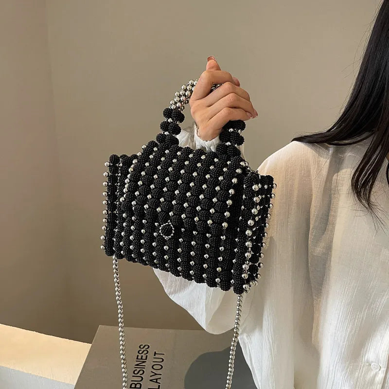 Black Arylic Solid Color Beading Weave Square Evening Bags