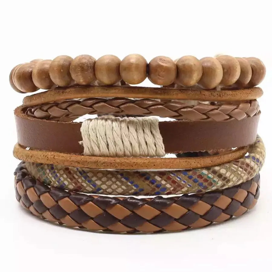 Exclusive for  Four-Piece Card Woven Bracelet Leather Bracelet Multi-Layer Suit Electroplated Black Retro Ornament Men's