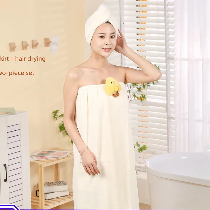 Bath skirt dry hair hat two-piece set can be worn and wrapped Women's tube top bath towel coral fleece cute cartoon doll bathrobe wholesale