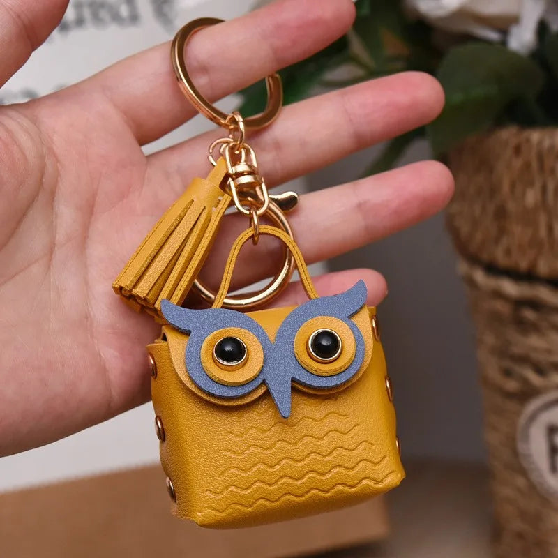 cartoon style owl pu leather metal unisex bag pendant keychain