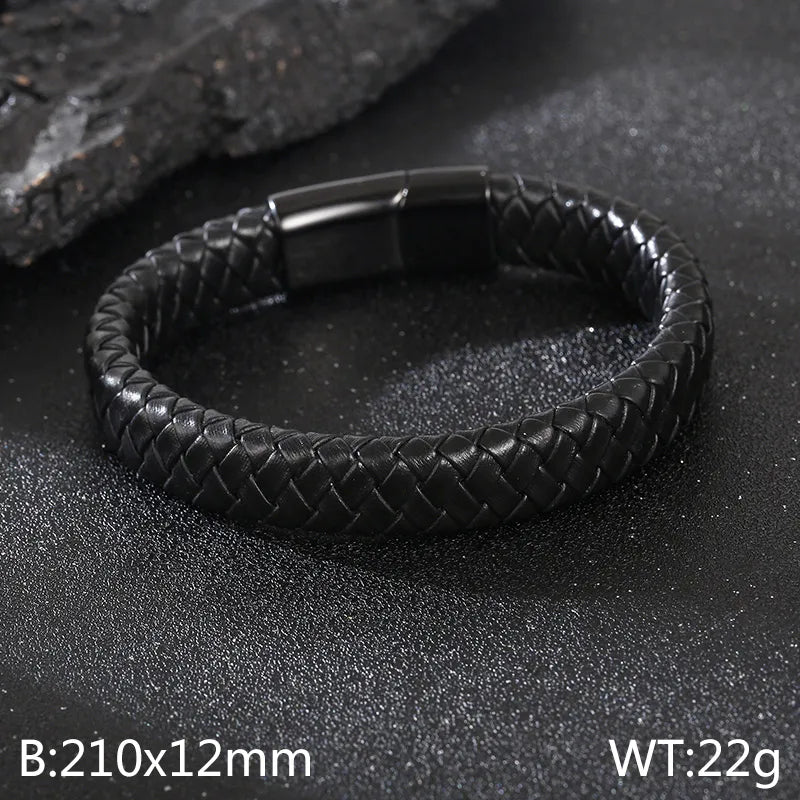 Business Retro Solid Color Stainless Steel Leather 18K Gold Plated Men's Bangle