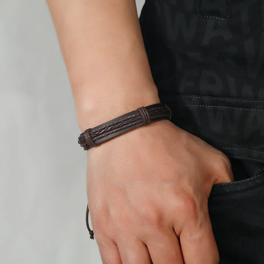 hip-hop retro solid color twist pu leather men's bangle