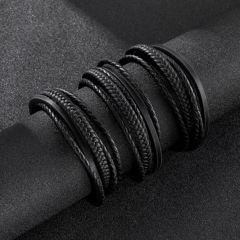 punk classic style streetwear geometric stainless steel pu leather men's bangle