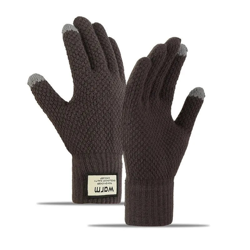 Knitted wool gloves non-slip five-finger plus velvet finger touch screen gloves for men and women autumn and winter Korean version of thick warm cycling gloves