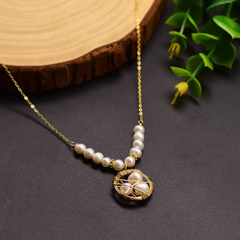 retro round freshwater pearl copper inlay pearl 18k gold plated pendant necklace