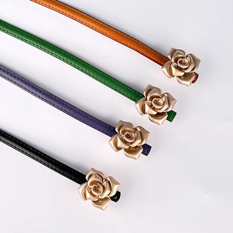 New Genuine Leather Women's Thin Belt Women's Flower Waist Slim Cowhide Women's Belt with Sweater Dress