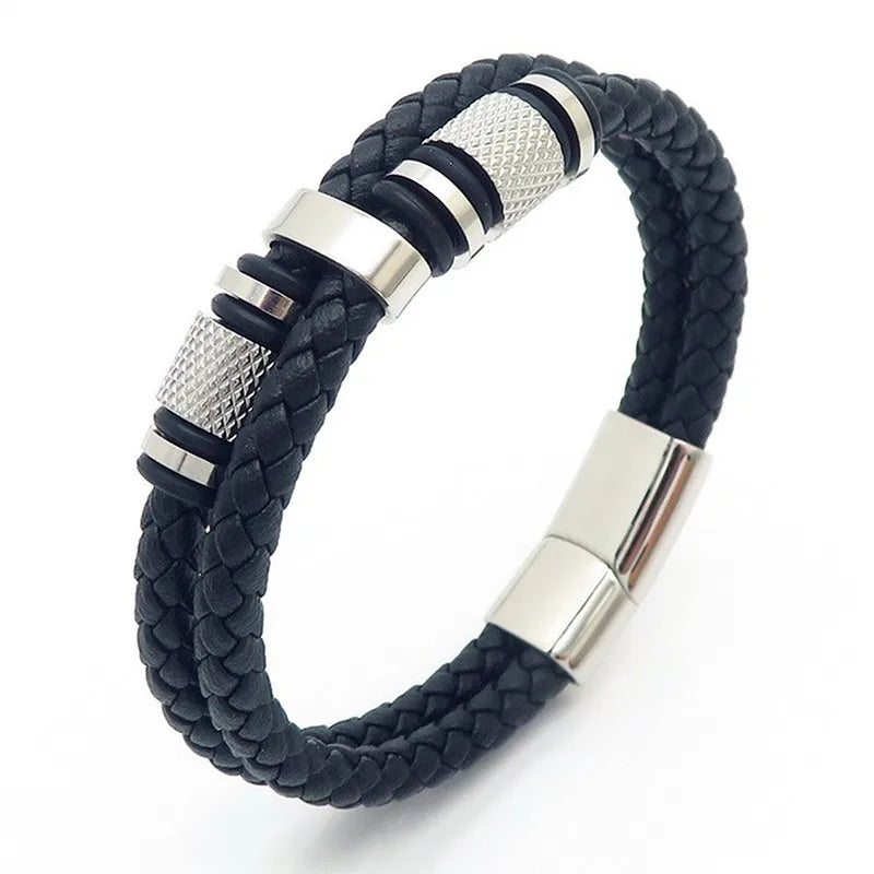 retro geometric pu leather titanium steel knitting plating men's wristband