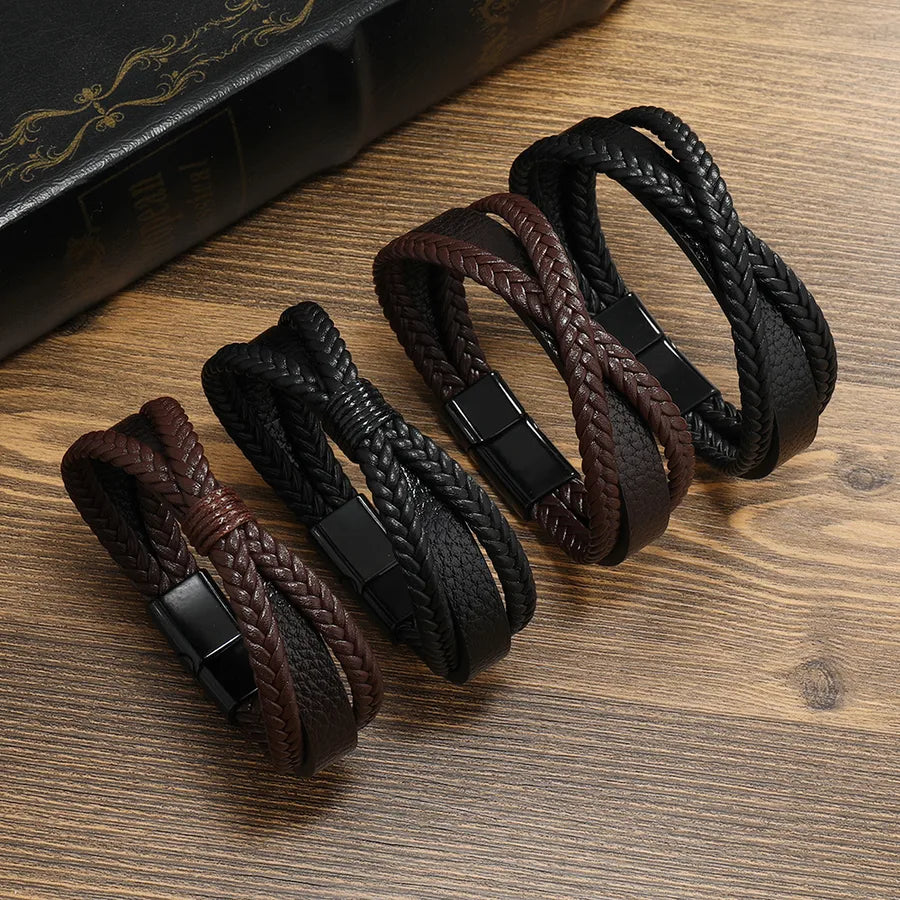 Punk Solid Color Pu Leather Braid Men's Bangle Men Cord & Leather Bracelets