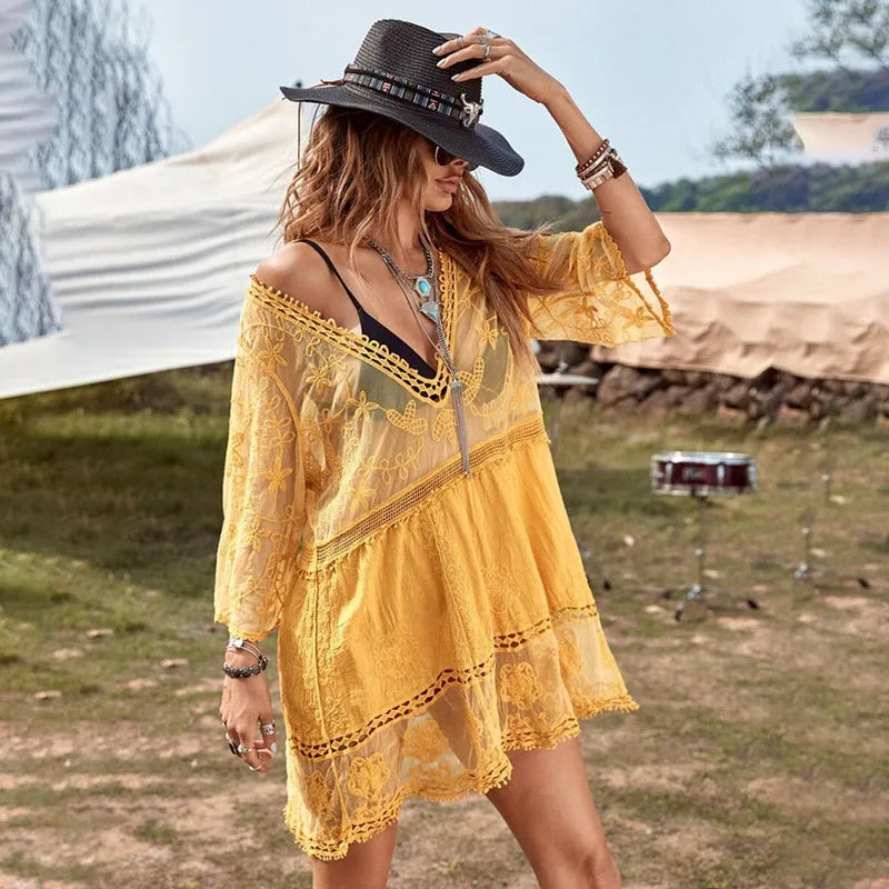 Women's Vacation V Neck Half Sleeve Solid Color Flower Holiday Beach
