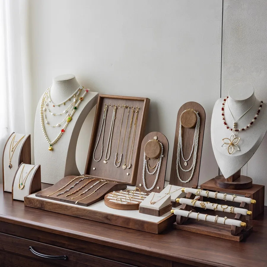 Walnut Jewelry Display Stand Bracelet Necklace Earring Rack Ring Holder Jewelry Tray Combination Fashion Accessory Showcase